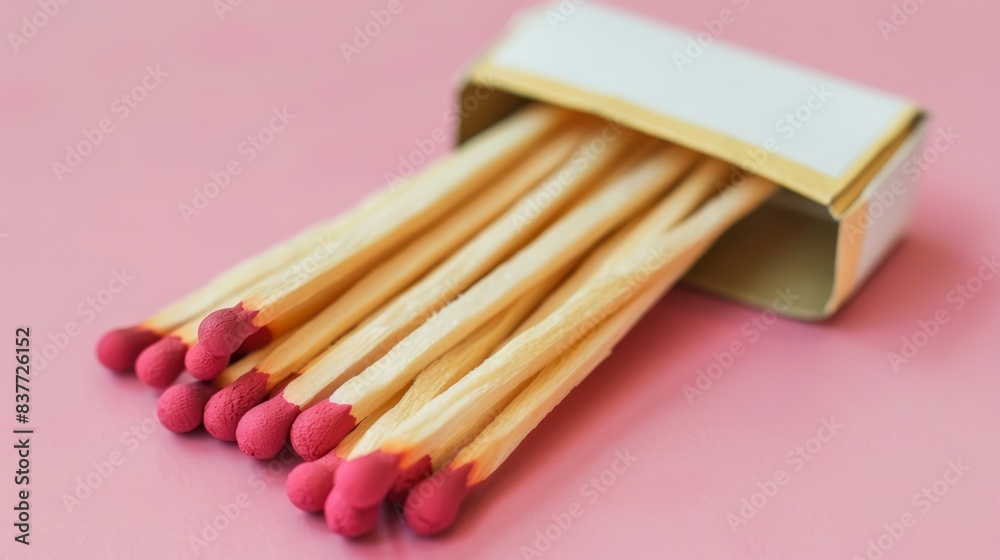 A tight shot of a match box on a pink background, some matches protrude from the top of the box, while matches sticks peek out from amongst them A tight shot of a match box on a pink background, some matches protrude from the top of the box, while matches sticks peek out from amongst them