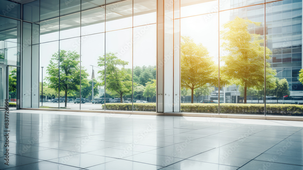 Sunlit Modern Office Lobby with Glass Windows Sunlit Modern Office Lobby with Glass Windows