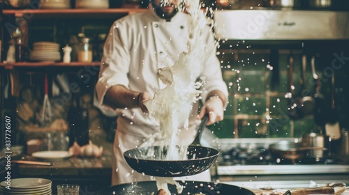 Chef tossing vegetables in a pan with flair in a rustic kitchen setting, showcasing culinary skills and creativity. photo