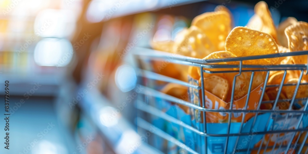 Close-up of a shopping basket filled with golden crispy potato chips in a grocery store aisle, showcasing delicious snack options. Close-up of a shopping basket filled with golden crispy potato chips in a grocery store aisle, showcasing delicious snack options.