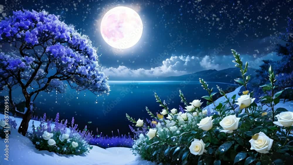 a big moon with beautiful night and white roses in snow,nature landscape. seamless looping time-lapse 4K video background
