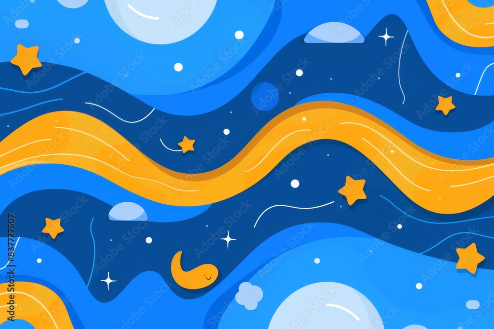 Fototapeta premium Colorful abstract space background with stars, moons, and wavy lines in blue and yellow