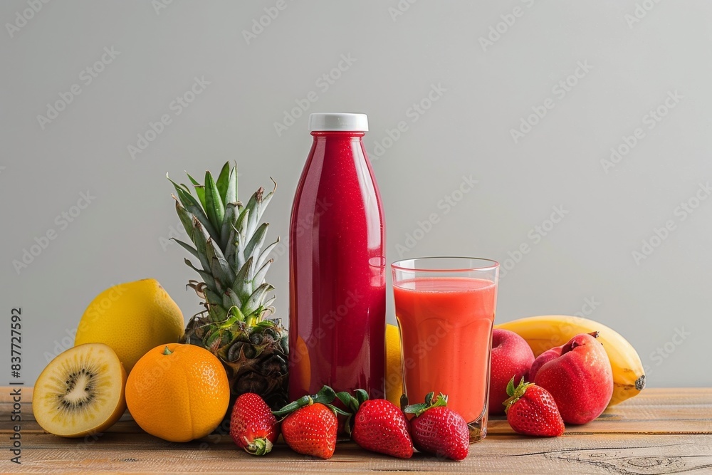bottle and glass full of strawberry smoothie on wooden table full of fruits isolated background. Front view.