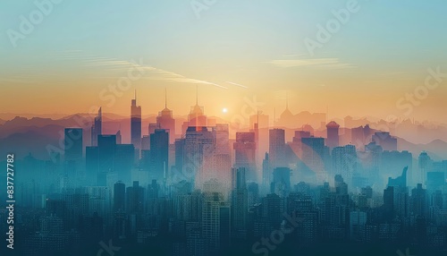 City skyline with mountains  distant peaks  dawn light close up  focus on  copy space Double exposure silhouette with natural backdrop