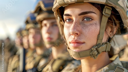  A woman in military uniform, her gaze steady into the lens, is surrounded by individuals in helmets, their faces turned gravely to the side