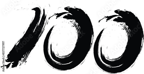  number 100 with paint brush strokes,  100 ,Number ,grunge brush freestyle font, designed using black and white handwriting line shape, logo, symbol, icon, graphic, vector.