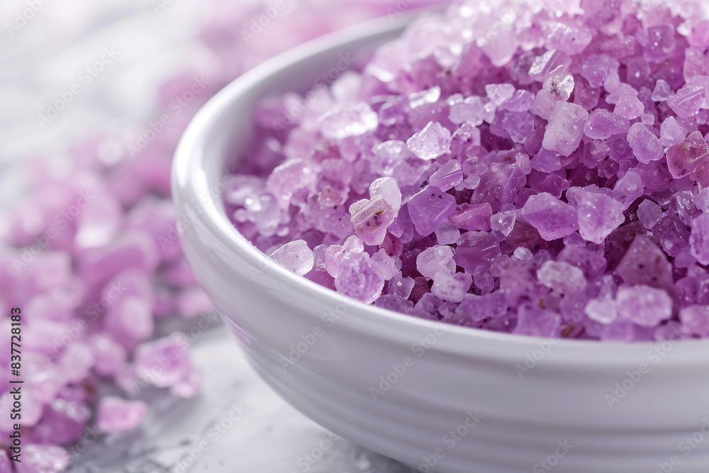 Purple sea salt in a white bowl, close-up Purple sea salt in a white bowl, close-up