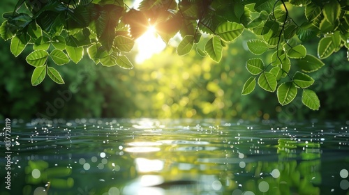 Green leaves on sun and blur tree foliage spring background with flood water efect  photo