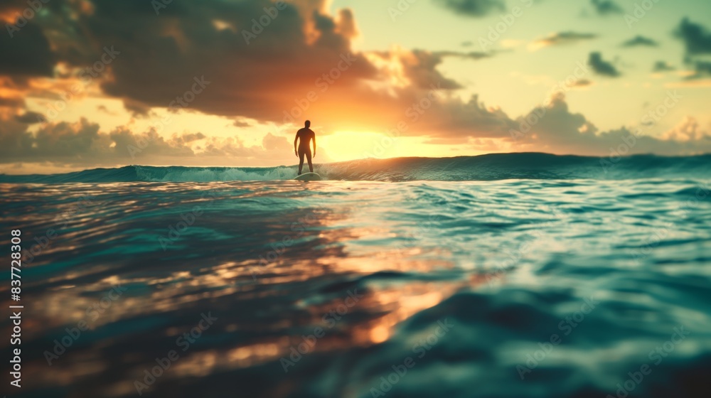 A silhouette of a surfer is riding a wave during a vibrant sunset on the ocean