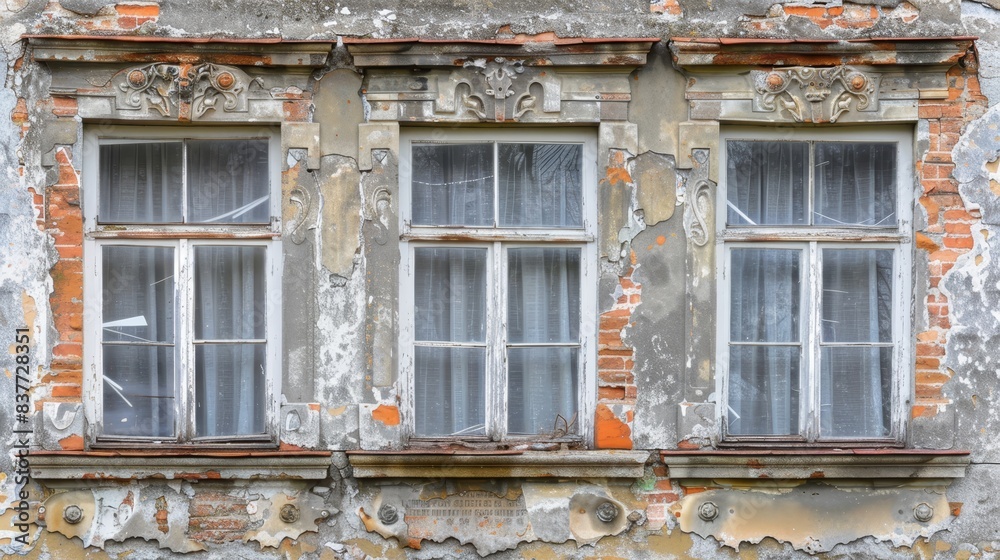 A close-up of an old building's window with peeling paint on its side The exterior boasts broken windows and more peeling paint A close-up of an old building's window with peeling paint on its side The exterior boasts broken windows and more peeling paint
