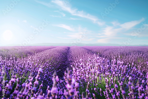 Peaceful Lavender Field in Full Bloom under Clear Blue Sky