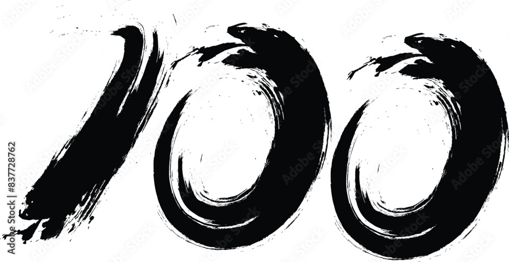  number 100 with paint brush strokes,  100 ,Number ,grunge brush freestyle font, designed using black and white handwriting line shape, logo, symbol, icon, graphic, vector.