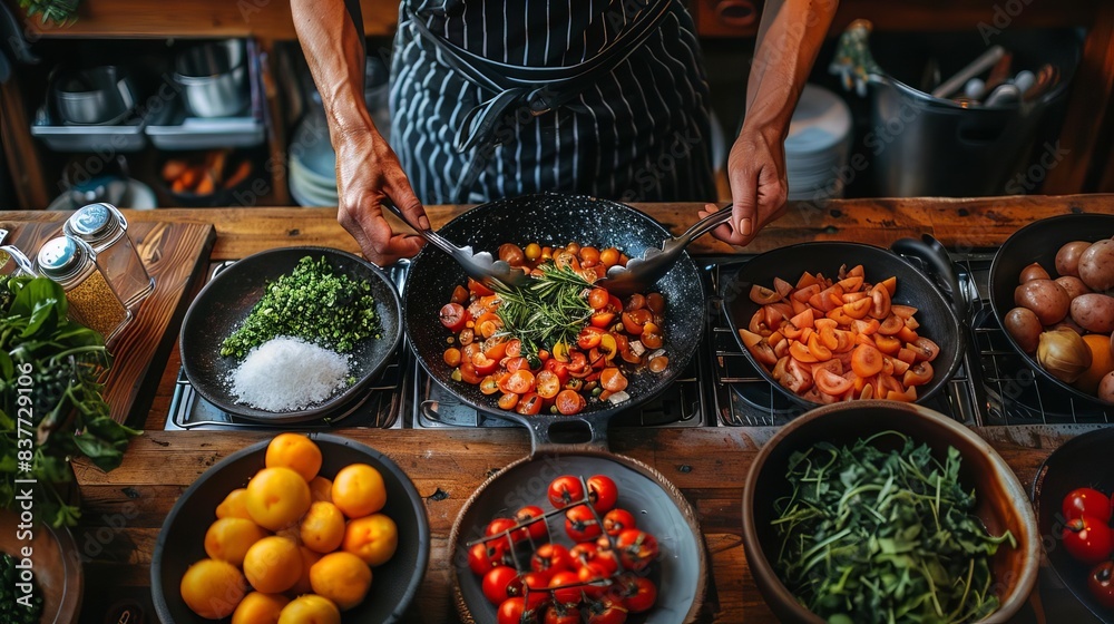 Obraz premium Healthy lifestyle, individual preparing nutritious meal, modern kitchen, fresh ingredients