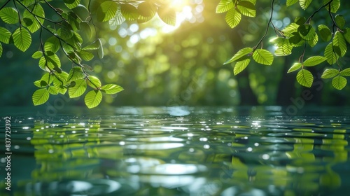 Green leaves on sun and blur tree foliage spring background with flood water efect  photo