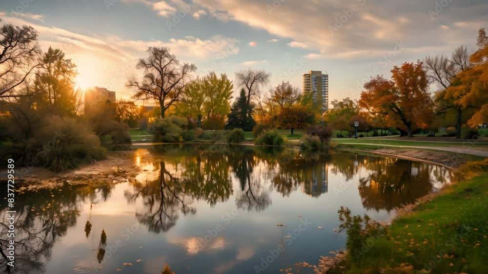 A tranquil autumn scene: golden trees mirrored in a serene lake at sunset A tranquil autumn scene: golden trees mirrored in a serene lake at sunset