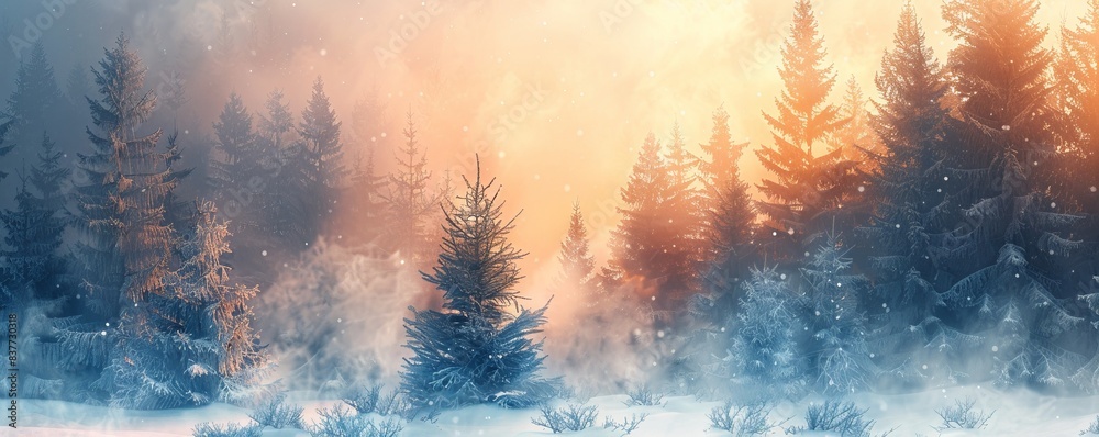 Winter Woodland with Snow covered Trees in a Pale Fog. Seasonal Banner.