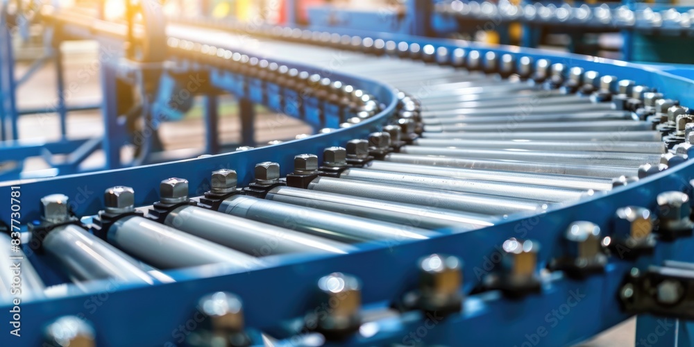Obraz premium Close up of Conveyor belt for filling processing in production line of industry manufacture, factory roller system for transfers products