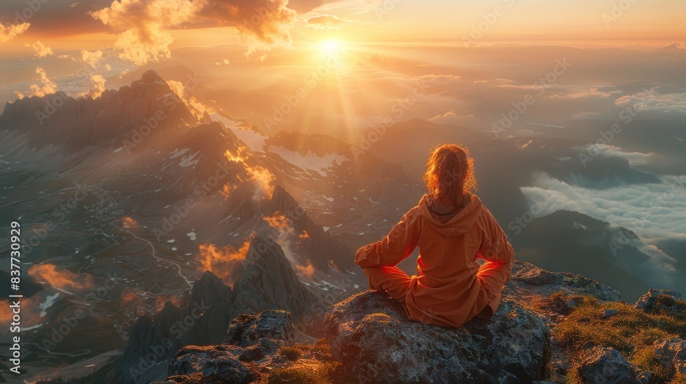 Solitary figure overlooking mountain sunset Solitary figure overlooking mountain sunset