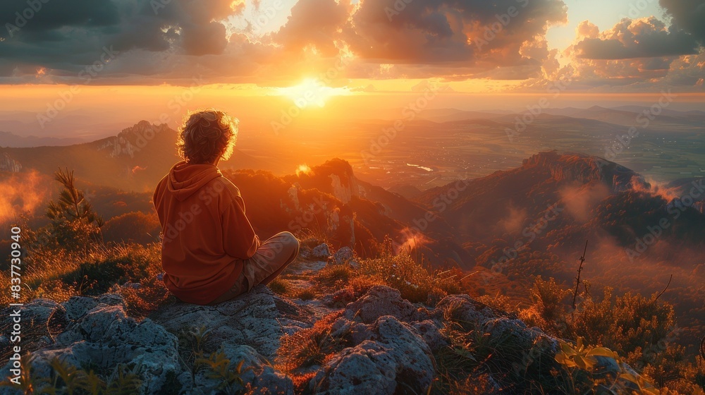 Person enjoying the sunset from mountain top Person enjoying the sunset from mountain top