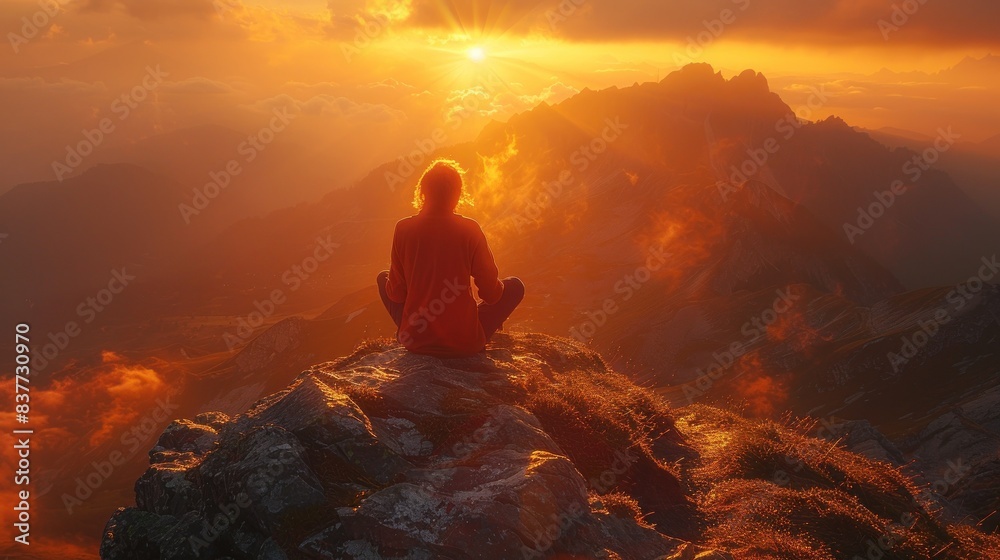 Person meditating on mountaintop at sunset Person meditating on mountaintop at sunset