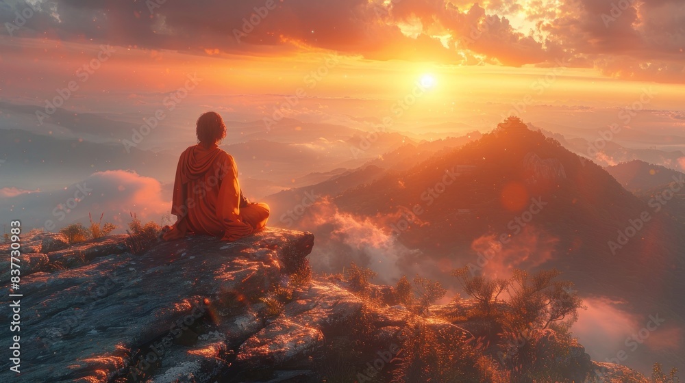 Meditator on mountain overlooking sunset Meditator on mountain overlooking sunset