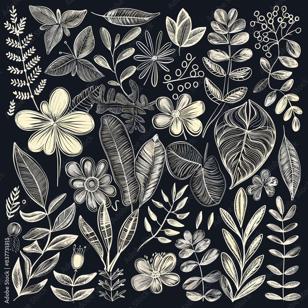 Handdrawn botanical elements chalkboard background, detailed floral illustration. Black white sketch flowers leaves, artistic plant drawing. Vintage style botanical drawing, decorative flora pattern