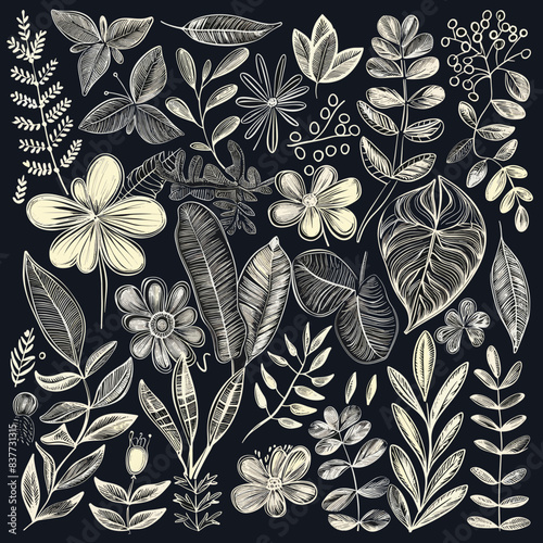Handdrawn botanical elements chalkboard background, detailed floral illustration. Black white sketch flowers leaves, artistic plant drawing. Vintage style botanical drawing, decorative flora pattern