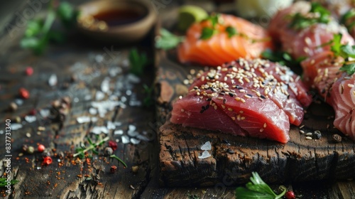 Close up of Fresh raw Hotate fillet steak and sashimi on wooden board background, delicious food for dinner, healthy food, ingredients for cooking photo