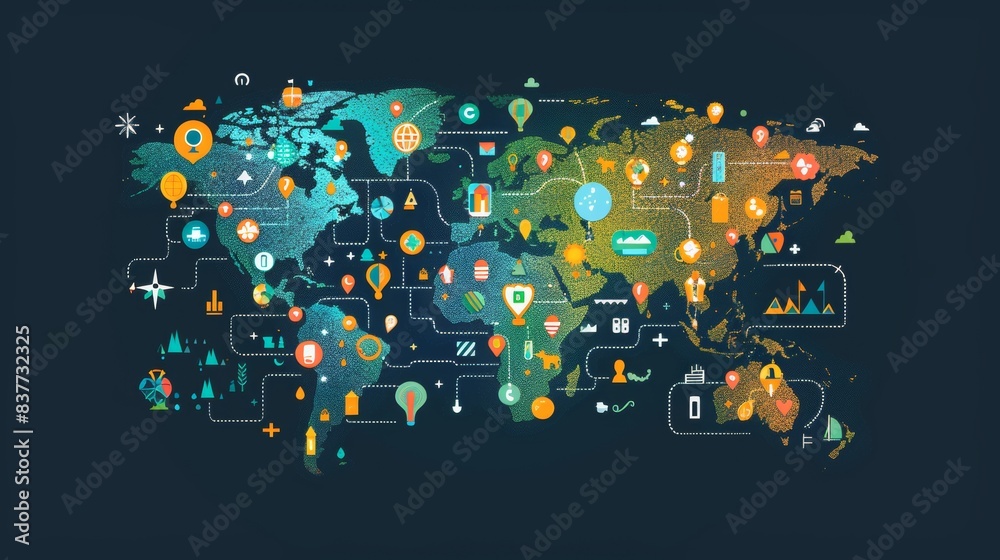 Obraz premium World map highlighting Sustainable Development Goals with icons for each goal, vibrant colors, and interconnected paths