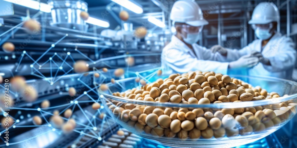 Two scientists in protective gear working in a modern laboratory with a focus on a bowl of soybeans. Concept of science and technology. Two scientists in protective gear working in a modern laboratory with a focus on a bowl of soybeans. Concept of science and technology.