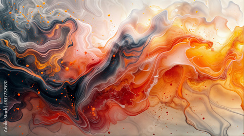 A painting of a wave with orange and black colors. The painting has a lot of splatters and seems to be abstract