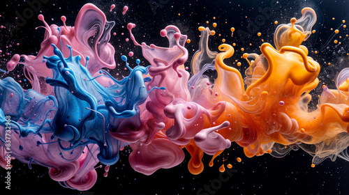 A colorful explosion of paint splatters in the air. The colors are bright and vibrant, creating a sense of energy and excitement. The image captures the essence of creativity and artistic expression