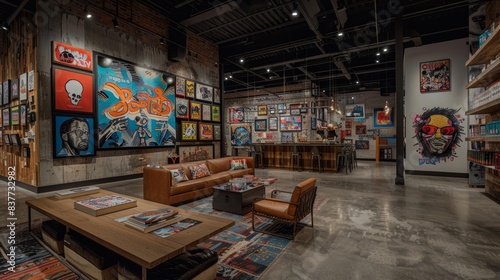 Urban art gallery with edgy street art pieces, industrial design elements, and a clean, minimalist layout