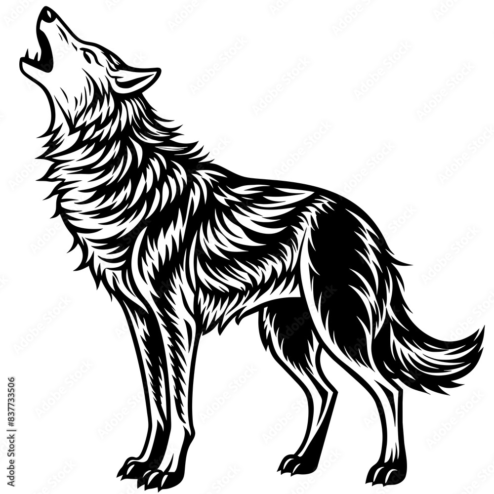 alpha-wolf-howling--full-body--engraving-art-style