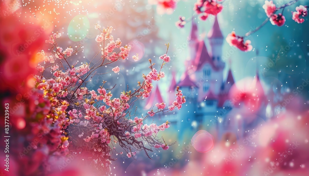 Fairytale castle, spring blossoms, vibrant colors close up, focus on, copy space Double exposure silhouette with magical garden Fairytale castle, spring blossoms, vibrant colors close up, focus on, copy space Double exposure silhouette with magical garden