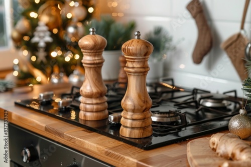 Wooden traditional salt and pepper shakers on Christmas kitchen counter with stove in bright New Year decorated festive interior with tree branches, cooking Christmas dinner concept