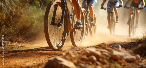 Close-up on the wheel of a mountain bike kicking up dust on a rugged outdoor trail