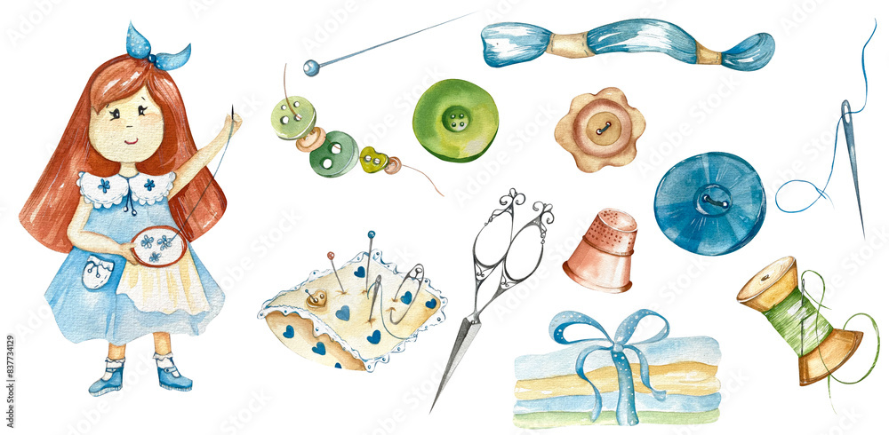 Fototapeta premium Theme Sewing, Handicrafts. Cute Girl Seamstress with Tailoring Tools - Pincushion, Fabric, Scissors, Buttons, Threads, Pins. Watercolor Illustration. For Websites, Handicrafts, Sewing Tools Packaging