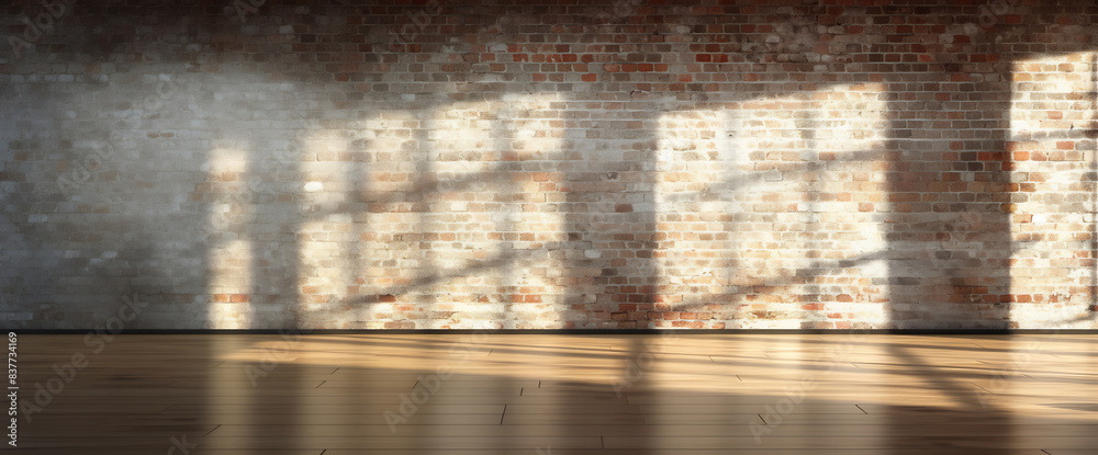Sunlit Brick Wall with Wooden Floor Interior Sunlit Brick Wall with Wooden Floor Interior