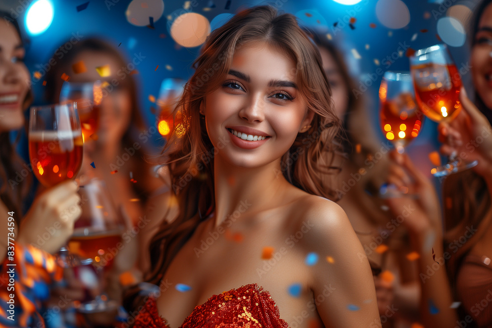 A woman is smiling and holding a glass of wine in a party A woman is smiling and holding a glass of wine in a party