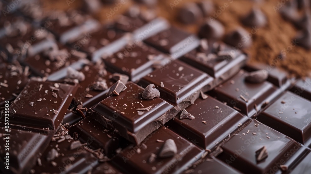 Closeup of delicious dark chocolate bars with cocoa beans and shavings, showcasing rich textures and mouth-watering detail. Closeup of delicious dark chocolate bars with cocoa beans and shavings, showcasing rich textures and mouth-watering detail.