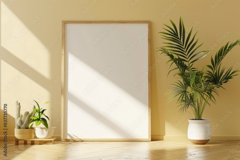 Close-up layout of poster frame in empty interior, 3d visualization, Gold background Close-up layout of poster frame in empty interior, 3d visualization, Gold background