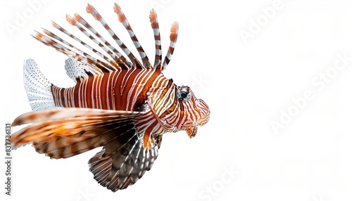 lion fish or lionfish - Pterois volitans - a genus of venomous marine fish from the Indo Pacific characterized by conspicuous warning coloration of red or black bands. isolated on white background