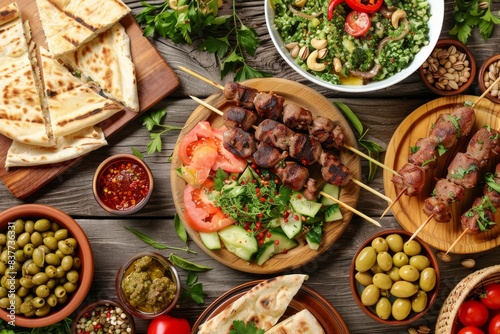 Various Turkish dishes: meat kebab with tabbouleh salad, falafel, hummus, olives, pistachios and other Middle Eastern meze on wooden table top view. Ethnic arab food, cuisine of Turkey photo