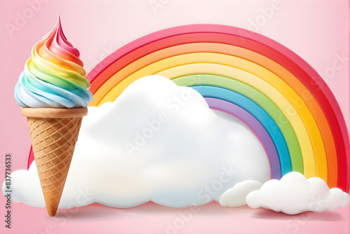 rainbow ice cream on colorful pastel background.