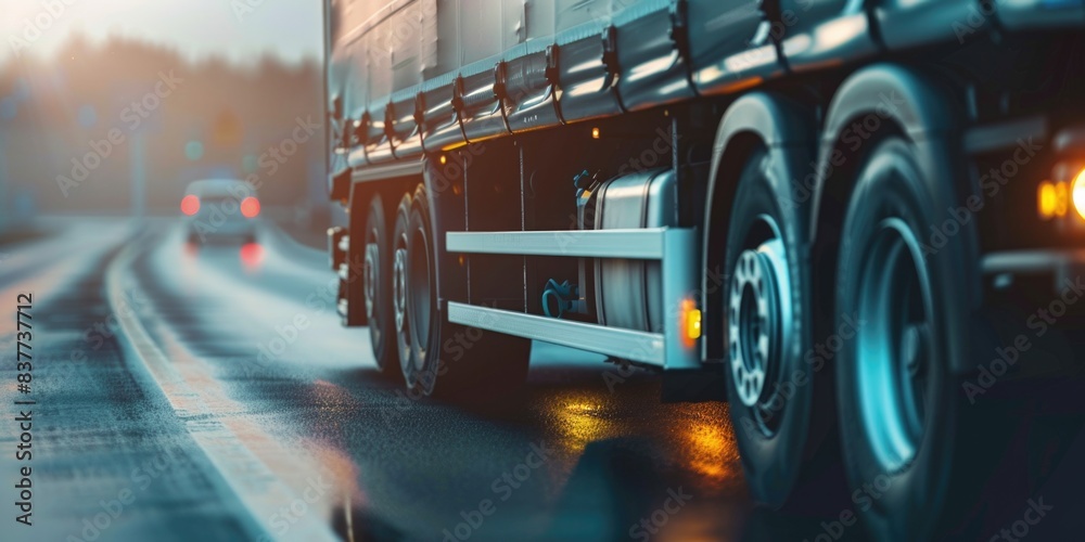 Close-up of a cargo truck on the road. Copy space. Close-up of a cargo truck on the road. Copy space.