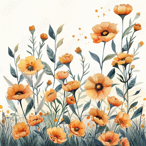 Design a delicate Watercolor Floral Border featuring marigolds in a whimsical, elegant arrangement, perfect for a springthemed project © AmazingArt