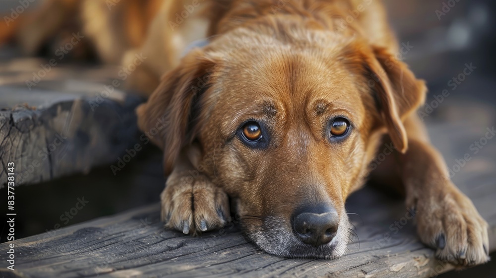 A dejected dog rests its head on its paws, eyes filled with sorrowful longing. A dejected dog rests its head on its paws, eyes filled with sorrowful longing.