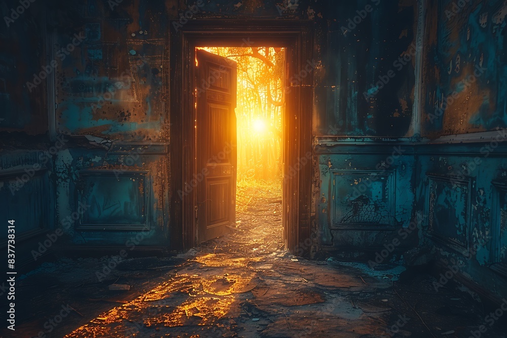 A partially opened door with glowing light symbolizing opportunity, change or discovery. A partially opened door with glowing light symbolizing opportunity, change or discovery.
