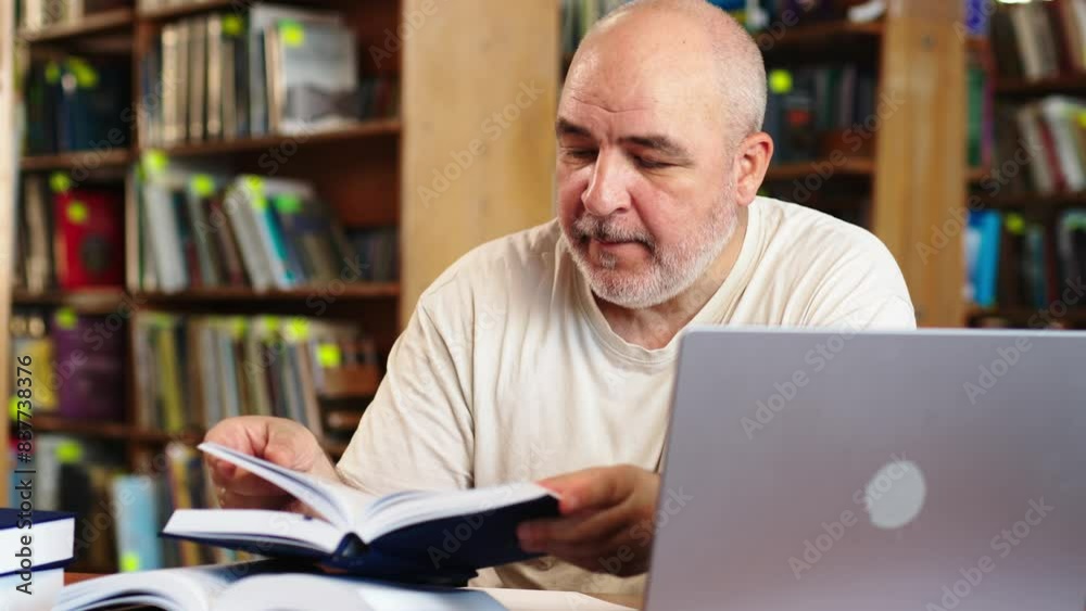 A pensive teacher sits at his desk against the backdrop of shelves with books. The teacher checks the students' assignments and enters them into the database on the laptop. Concept of education 